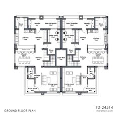 the ground plan for an office building, with four floors and three rooms on each floor