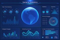 an info board with blue lights and graphs on the front, including earth globe in the middle