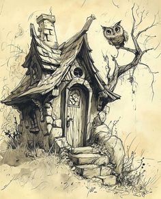 an owl sitting on top of a tree branch next to a small house with a door