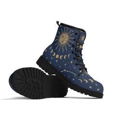 We love all things celestial! These blue boots with tan sun and moon face and moon phases are so fun to wear and will be a new favorite for your witchy, psychic, star-gazing wardrobe.  The entire design is printed onto white base boots. Mens and Womens Vegan Leather Boots  Blue Sun Boots, Moon Phase Boots, Celestial Boots, Ankle Boots, Combat Boots, Mens Boots, Witchy Womens Boots These boots will help to express your personality. You may even get comments from strangers. Most local shoe stores don't carry footwear with designs as unique as this. In fact, you can't buy these anywhere else.  All of our boots are custom-made-to-order and handcrafted to the highest quality standards. !!NOTE!!   * The design is printed with standard ink. No metallic ink or foil is used. * The edges of the piec Celestial Boots, Titan Luz, Sun And Moon Face, Boots Moon, Shoe Stores, Space Stuff, Boots Combat, Vegan Leather Boots, Star Boots