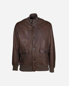 Stewart, New Orleans jacket. Bomber model, made of 100% brown leather. Lining in 100% cotton, inside sleeve in 100% viscose and padding in 100% polyester. Two patch pockets with flap and button, knitted collar, hem and cuffs. Front button closure. Size XL. SHOULDER: 19,11 NCH BUST: 23,01 INCH SLEEVE: 24,96 INCH LENGTH: 29,25 INCH NOTE: Our company has a specialization in selling vintage and second-hand clothing and accessories. All the garments are carefully selected and offered for sale in exce Brown Leather Jacket With Stand Collar For Winter, Rugged Brown Leather Jacket For Winter, Brown Stand Collar Biker Jacket For Winter, Winter Leather Outerwear With Stand Collar, Leather Outerwear With Stand Collar For Winter, Brown Biker Jacket With Stand Collar For Winter, Collared Leather Jacket With Button Closure, Brown Stand Collar Blazer For Winter, Casual Leather Jacket With Button Closure For Business