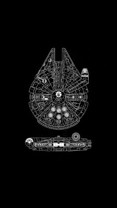 a black and white drawing of a star wars ship with its lights turned on in the dark