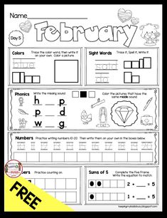 a printable worksheet for the month of february with pictures and words on it