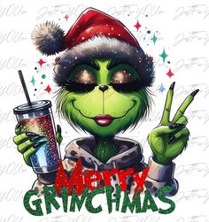 the grinch is holding a drink in his hand and wearing a santa claus hat