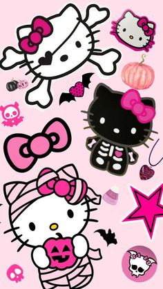 hello kitty wallpaper with skulls, stars and other items on pink background for girls'room