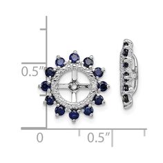 Product Weight Weighs approximately 1.67 grams. Product Dimensions Length of item : 14 mm Width of item : 14 mm Features - Sterling silver - Diamond - Rhodium-plated - Created Sapphire Total Gem Weight 1.04ctw Total Diamond Weight 0.022ctw Product Specifications - Material : Primary - Purity : 925 - Finish : Polished - Stone Type_1 : Sapphire, Lab Created - Stone Type_2 : Diamond - Stone Color_1 : Blue - Stone Quantity_1 : 24 - Stone Quantity_2 : 4 - Length of Item : 14 mm - Plating : Rhodium - Earring Jackets, Magnetic Bracelet, Sapphire Earrings, White Earrings, Diamond Stone, Silver Diamonds, Blue Stone, Type 1, Rhodium Plated