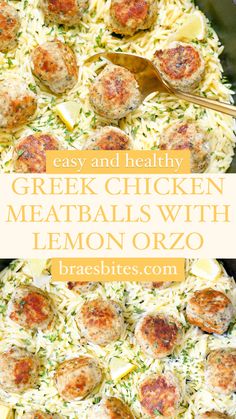 Delicious, healthy and easy Greek chicken meatballs topped over a lemon orzo pasta. Greek Inspired Dinner Recipes, Baked Sage Chicken Meatballs With Orzo, Lemon Orzo Meatball, Dinner For 1 Ideas, Country Club Chicken, Easy Greek Chicken Meatballs With Lemon Orzo, Chicken Meatball Orzo Recipes, Lemon Chicken Meatballs With Orzo, Easy Greek Meals