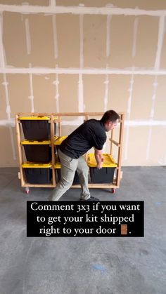 a man standing in front of a shelf with bins on it and the caption says, commentment 3x3 if you want to get your kit shipped right to your door