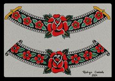 two red roses on white paper with gold trimmings and green leaves in the center