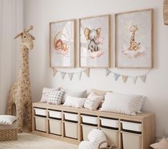 a baby's room with stuffed animals on the wall and toys in storage bins