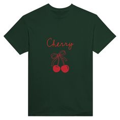 Be boldly stylish with our Cute Coquette Cherry Printed T-Shirt. Available in a variety of vibrant colors, this shirt is perfect for those who want to make a statement while staying comfortable. Express your unique personality and stand out from the crowd with this fun and playful piece.- A classic t-shirt with crew neck.- Air-jet spun yarn with a soft feel and reduced pilling.- Double-needle stitched collar, shoulders, armholes, cuffs, and hem.- 100 % cotton. Trendy Red Shirt With Screen Print, Trendy Green Shirt, Trendy Red T-shirt With Screen Print, Trendy Green Short Sleeve T-shirt, Trendy Red Slogan T-shirt, Trendy Green Top With Funny Print, Green Crew Neck T-shirt Trendy, Trendy Green T-shirt With Slogan, Trendy Green Slogan T-shirt