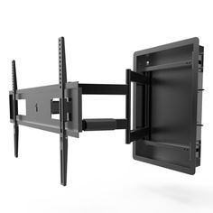 a flat screen tv mounted to the side of a wall with two black brackets on it