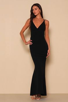 Who could possibly resist you in the Lulus All this Allure Black Strappy Backless Mermaid Maxi Dress? Medium-weight, stretchy crepe knit creates this absolute knockout of a dress and its princess-seamed bodice, V-neckline, and sexy open back with a network of crisscrossing straps. Figure-skimming skirt flares out at the maxi hem to create a dramatic mermaid silhouette. Hidden back zipper/clasp. Fit: This garment fits true to size. Length: Floor length. Size medium measures 59" from shoulder to h Black Elastane Evening Dress For Party, Fitted Fishtail Bodycon Dress For Night Out, Fishtail Bodycon Dress For Night Out, V-neck Elastane Maxi Dress For Night Out, Bodycon Dress With Mermaid Hem For Night Out, Stretch Elastane Evening Dress For Night Out, Stretch Fishtail Maxi Dress For Night Out, Vamp Birthday, Vamp Dress