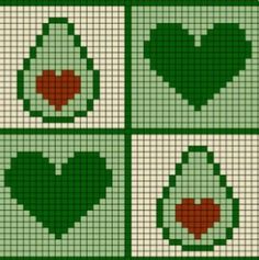 four squares with hearts on them in green and white, one has a red heart