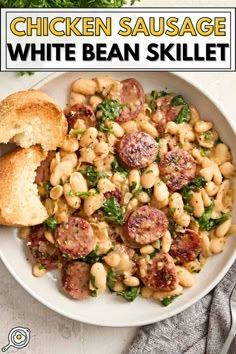 chicken sausage white bean skillet on a plate with bread and parsley in the background