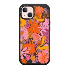 an iphone case with colorful flowers and leaves on the front, in pink, orange, yellow