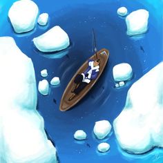 a man in a canoe floating on ice floes