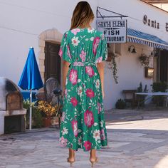 Casual V Neck Tie Waist Floral Maxi Dress Vestidos Retro, Beach Sundress, Short Sleeve Floral Dress, Matching Sets Outfit, Floral Printing, Ruffle Sleeve Dress, Dress Stores Online, Dress Boho, Womens Casual