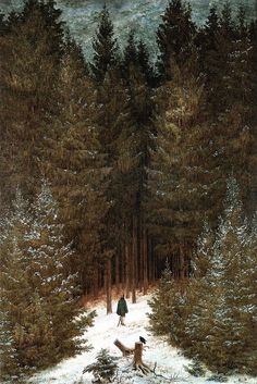 two people are walking through the snow in front of some tall pine trees and one person is on skis