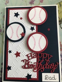 a birthday card with baseballs and stars