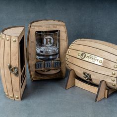 an unusual wooden case with two glasses in it