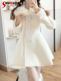 Sweet Fur Collar Bowknot Woolen Coat Woman Winter New Elegant Milky White Long Sleeve Fitted Waist Woolen Coat Winter, Long White Coat, Woolen Coat Woman, White Princess, White Fur, Woolen Coat, Milky White, Winter Coats Women, Fur Collar