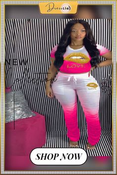 Color-changing Printed T-shirt Pleated Trousers 2 Pieces Set Casual Crew Neck Tops In Matching Set, Casual Crew Neck Tops With Matching Set, Trendy Pink Matching Set Tops, White Short Sleeve Tops Matching Set, Gradient Lips, Butterfly Fashion, Lips Print, Pleated Trousers, Yellow Fashion