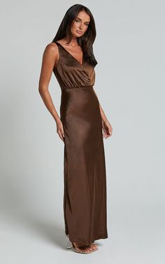 Melodie Midi Dress - V Neck Satin Slip Dress in Chocolate | Showpo USA Brown Fitted V-neck Slip Dress, Elegant Satin Dress For Date Night, Satin Maxi Dress For Dinner With Satin Finish, Fitted V-neck Satin Dress With Bias Cut, Satin Maxi Length Slip Dress For Dinner, Maxi Length Satin Slip Dress For Dinner, Sleek Solid Color Slip Dress For Formal Occasions, Sleek Solid Color Formal Slip Dress, Fitted Satin V-neck Slip Dress