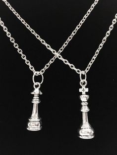 His And Her Gift, 2 Necklaces Chess Pieces Queen And King Boyfriend Girlfriend Husband Wife Couples Silver Novelty Charm Necklace, Silver Novelty Necklaces With Charms, Novelty Silver Necklaces With Charms, Themed Sterling Silver Necklace, Silver Charm Necklaces With Adjustable Chain For Friendship, Themed Sterling Silver Necklace In Silver, Silver Vintage Jewelry For Friendship, Silver Metal Charm Necklace For Friendship, Silver Jewelry With Lobster Clasp For Best Friend Gift