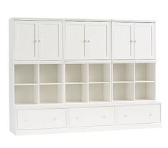 a white bookcase with drawers and doors on the bottom shelf in front of a white background