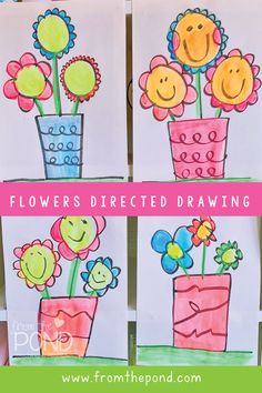 four flower vases drawn on paper with the words flowers directed drawing in front of them