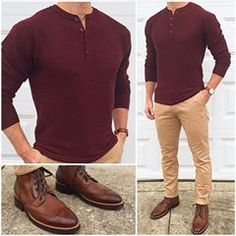 Burgundy and tan is always a great option❗️👌🏼👍🏼👍🏼 Do you like this outfit❓ Boots: @thursdayboots Caramel Wingtip Henley: @jachsny Burgundy Merino Waffle Sweater Henley Chinos: @jachsny Bowie Fit Chino in Khaki Brown Shoes, Stylish Mens Outfits, Outfits Spring, Brown Pants