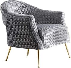 a grey chair with gold legs on a white background