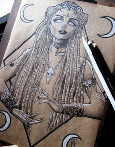 a drawing of a woman with dreadlocks on her head and hands holding a skull