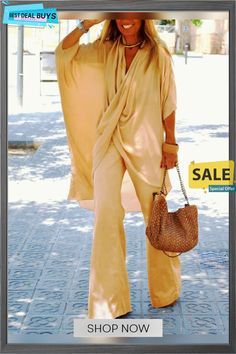 Two-piece Solid Color Simple Loose V-neck Blouse Suit Chic Two-piece V-neck Set, Beige Long Sleeve Beach Sets, Two-piece V-neck Beach Set, Two-piece V-neck Sets, Beige V-neck Elegant Sets, Beige V-neck Summer Sets, Elegant V-neck Beach Set, Chic V-neck Summer Sets, Solid V-neck Summer Sets