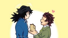 two anime characters one is holding a box and the other is looking at something in his hand