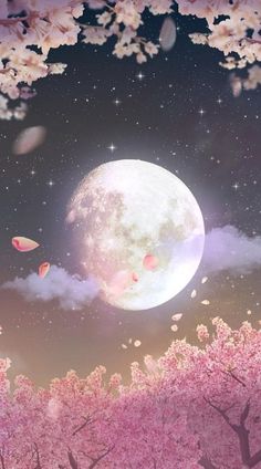 an image of a full moon in the sky with pink flowers and trees around it