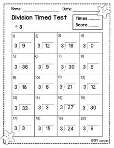 the division time test worksheet for students to practice numbers and subtraction