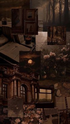 a collage of photos with an old building in the background