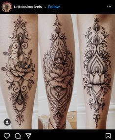 two legs with tattoos on them, one has a flower and the other is a lotus