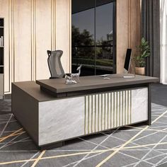 an office desk in the middle of a room