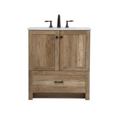 a bathroom vanity with two sinks and wood cabinetry on the side, against a white background