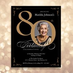 an elegant 80th birthday party card with the number eighty and gold foil on it