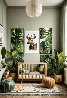 a baby's room with green walls and plants on the wall, including a crib