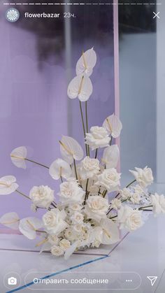 a vase with white flowers in it on a table next to a purple wall and window