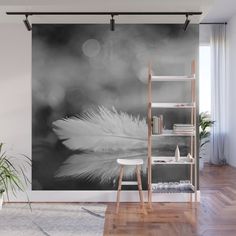 a black and white photo of a feather wall mural