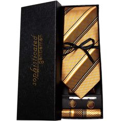 If you're looking for a unique way to add some color and pattern to your outfit, look no further than this beautiful tie from Sophgent. 100% Silk Handmade Standard Packaging Includes: Tie, Pocket Square and Cufflinks Gift Box Includes: Tie, Pocket Square, Cufflinks, Tie Bar In a Cool Box, Ready To Gift Length: 59" Width: 3.34" Warm iron if needed We offer: | FREE RETURNS| 1-YEAR LIMITED WARRANTY| 30-DAY MONEY-BACK GUARANTEE| 100% SECURE CHECKOUT Cufflinks For Father's Day Gift, Elegant Suit And Tie Accessories With Gift Box, Elegant Suit And Tie Accessories Gift Box, Gold Tie For Father's Day Gift, Gold Tie Gift For Father's Day, Luxury Ties, Cool Box, Unique Ties, Paisley Tie