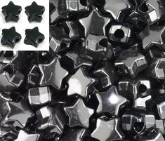 black and silver star shaped beads with white stars on the bottom, in an assortment of sizes