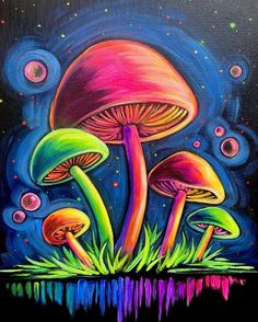 an acrylic painting of mushrooms in the night sky