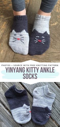 the legs and feet of a child wearing knitted kitty ankle socks with text overlay that reads, photos - source with free knitting pattern